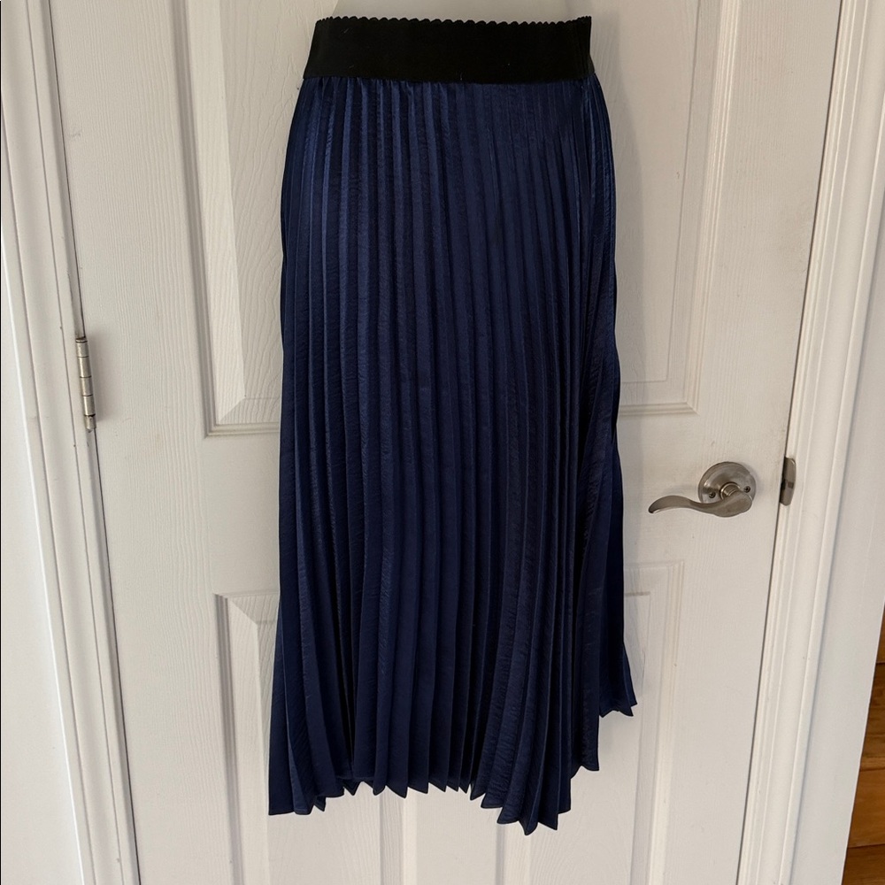 Elodie Royal Blue Pleated Satin Midi Skirt - Shimmery Accordion Pleats - Small